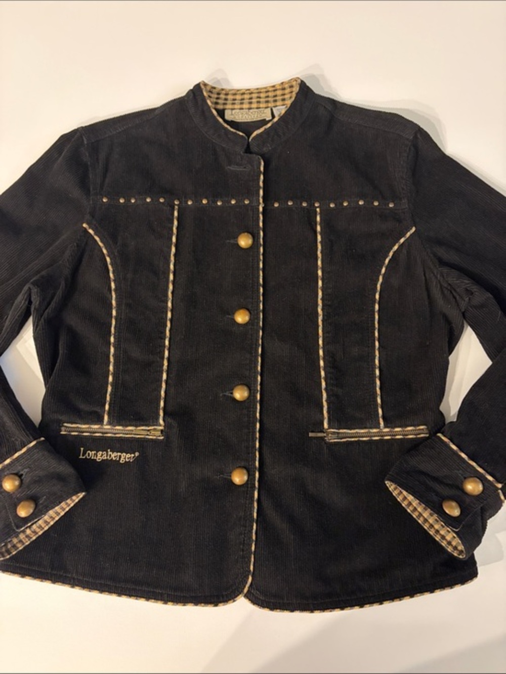 LONGABERGER HOMESTEAD BLACK CORDUROY GINGHAM COTTAGECORE JACKET SIZE MEDIUM